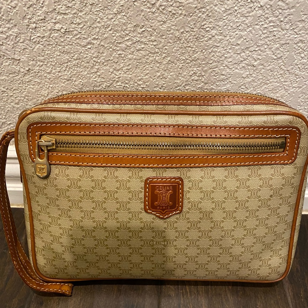 Authentic CELINE Macadam WRISTLET, cosmetics bag in light brown coated canvas.